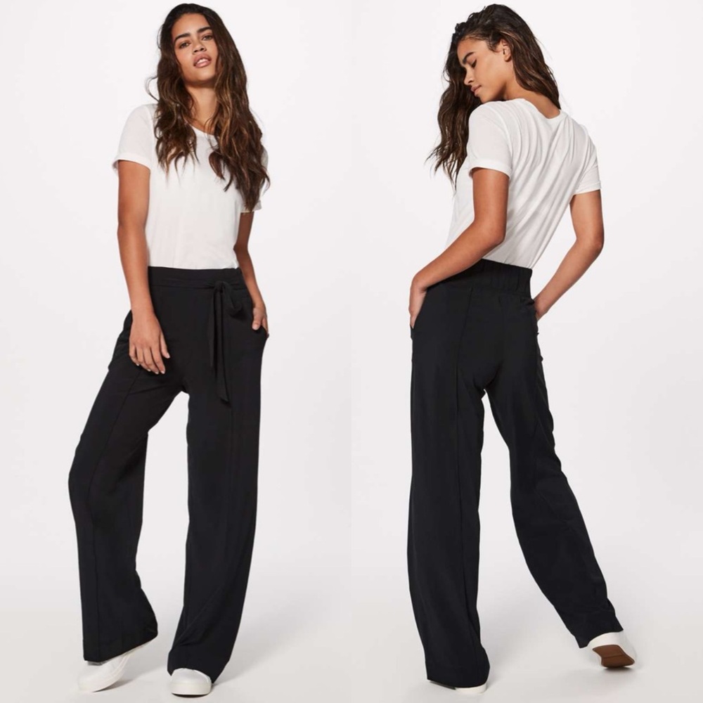 Lululemon Noir Pant Wide Leg Tie Waist Career Office Black Trousers Size 6